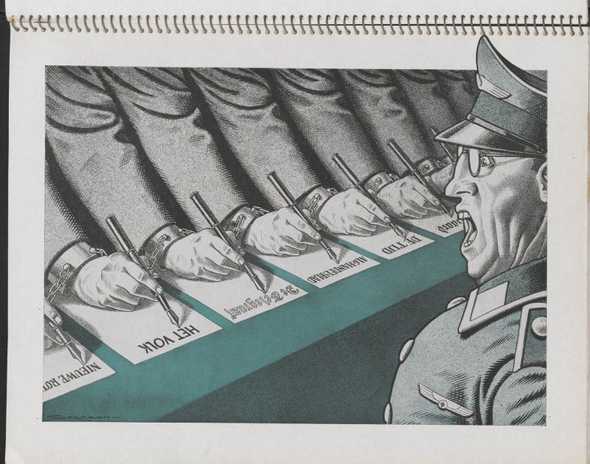 Cartoon Leo Jordaan over de gelijkgeschakelde kranten